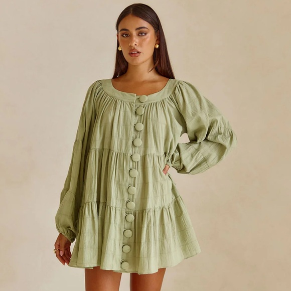 SABO SKIRT | “East Dress” Green Button-Up Tiered Dress SIZE XXS | NWT - Picture 3 of 11